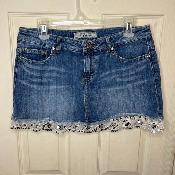 Y2K YMZ Lace Sequins Trim Mini Denim Skirt Size 11 - Picture 3 of 11
